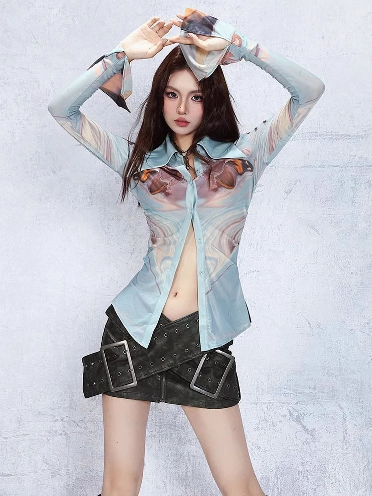 

Spring and Summer Fashion New Women's Elegant Design Sense Spicy Girl Printed Shirt Single Breasted Mesh Long Sleeved Top
