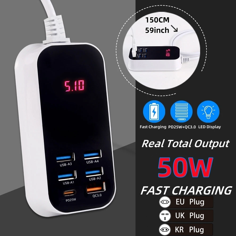 Real 50W 6-Ports USB Quick Charger PD QC 3.0 Fast Charging Display Type-C EU UK US 1.5M Desktop Power Adapter For Iphone Samsung