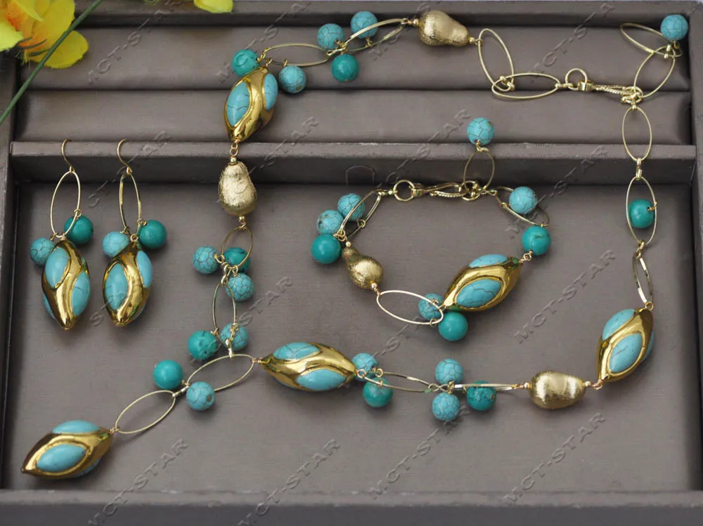 Z13536 Set 23'' 34mm Blue Green Gold-Plated Shuttle Turquoise Gourd Necklace Bracelet Earring Custom Jewelry