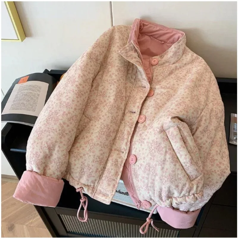 Printed Stand Up Collar Cotton Jacket For Women's Winter 2025 New Casual Loose Korean Version Sweet Warm Cotton Jacket