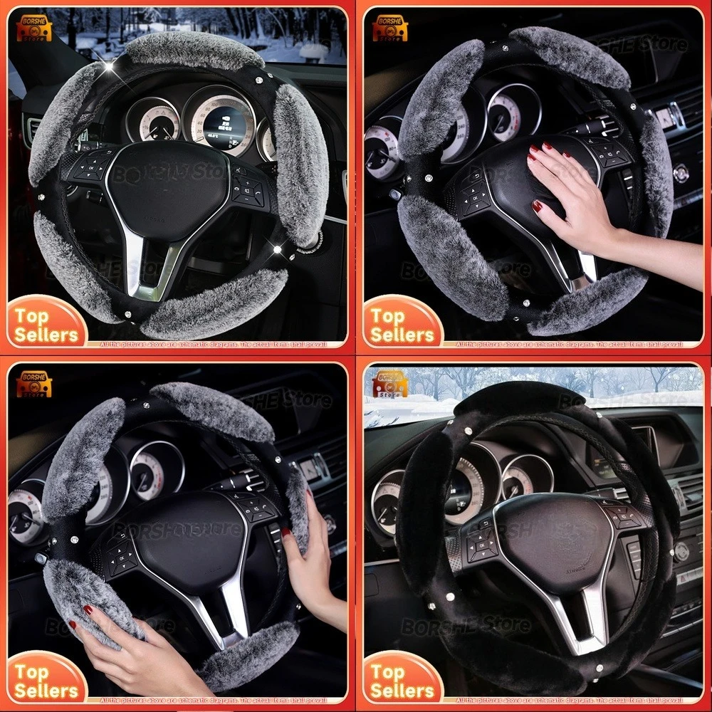 

2026 Suitable for Various Car Models Plush Faux Fur Rhinestone Decorated Steering Wheel Cover Warm Soft Cute Winter Accessory