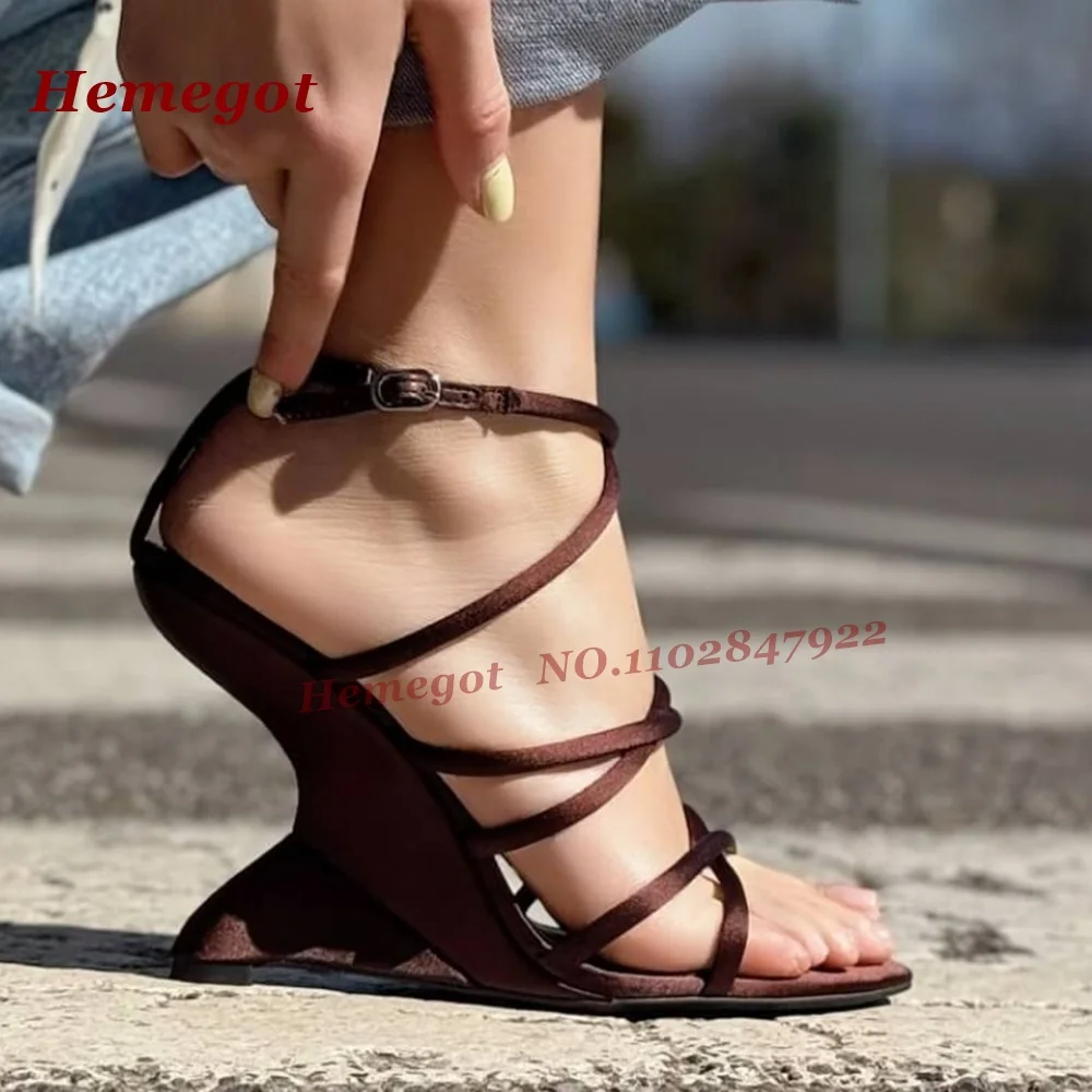 

Emerald Green Satin Strappy Wedge Sandals Open Toe Ankle Buckle Strange Style Women's Sandals Elegant Evening Party Shoes Sexy