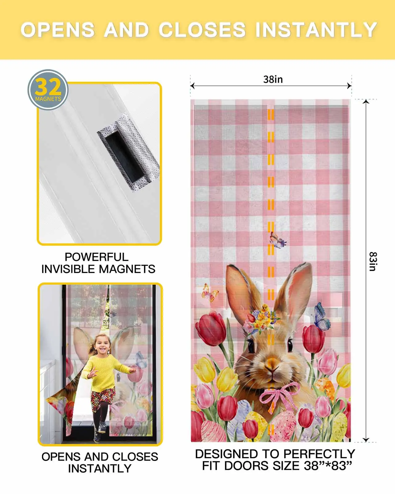 Easter Bunny Tulip Butterfly Plaid Summer Magnetic Door Curtain Living Room Bedroom Home Anti-mosquito Screen Door Curtain