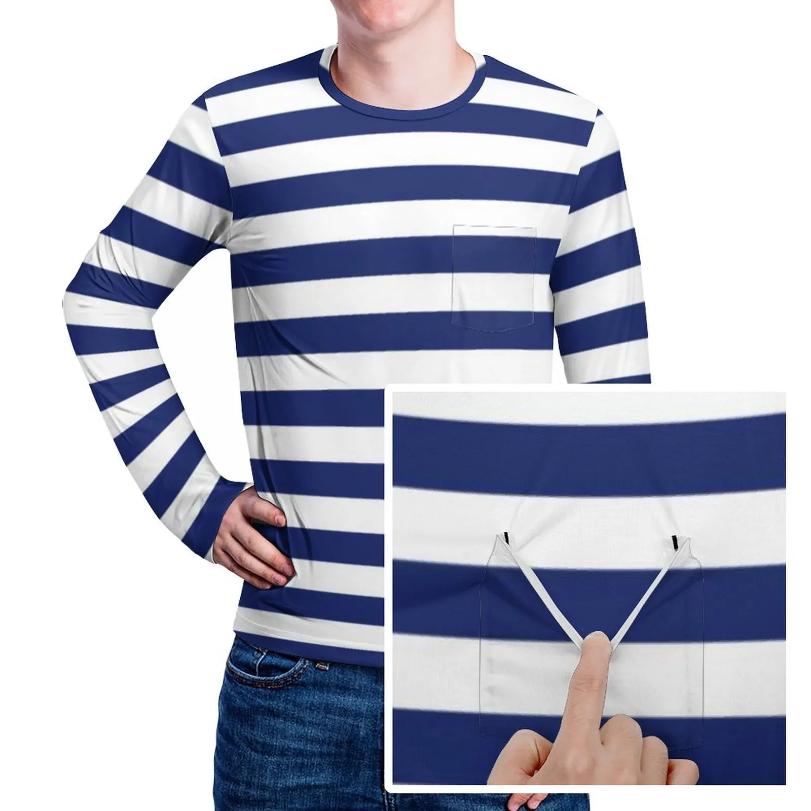 Retro Nautical T-Shirt With Pocket Navy Blue and White Stripe Fashion T Shirts Y2K Tee Shirt Long Sleeve Design Tees 4XL 5XL