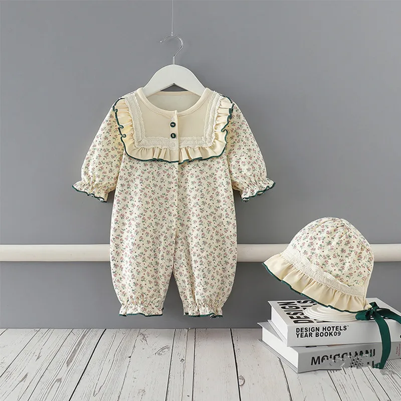 

Newborn Baby Spring Clothes Flowers Print Boys Clothing Girls Jumpsuit with hat baby romper clothing for kids 0-18M