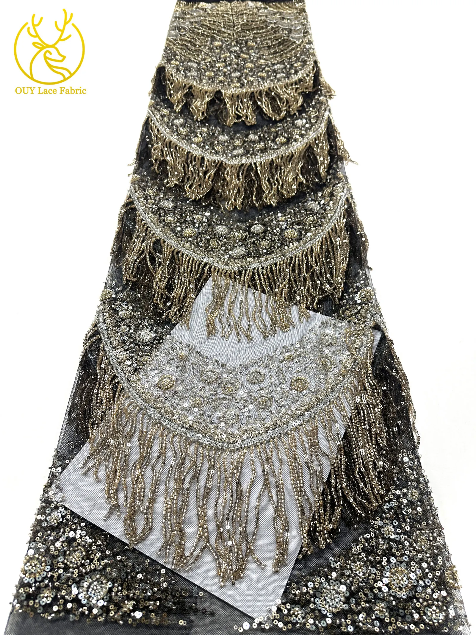 Hochwertiger afrikanischer französischer Tüll-Spitzenstoff mit Pailletten, luxuriöser 3D-Perlen-Spitzenstoff für nigerianische Stickereien, Hochzeits- und Brautkleider – Detail 8