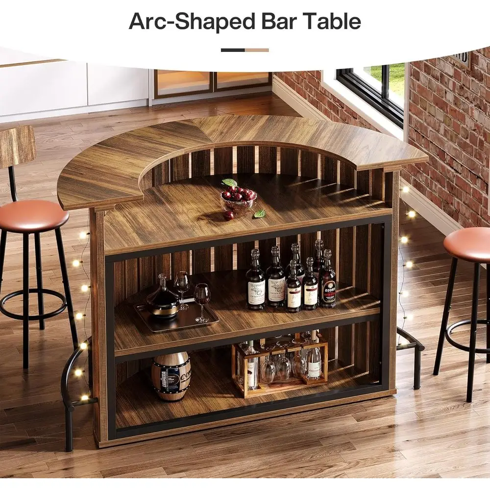 39.4 High 4-Tier Home Bar Table with Footrest, Curved Mini Bar Table, Modern Wine Rack for Home Pub, Living Room, Rustic Brown