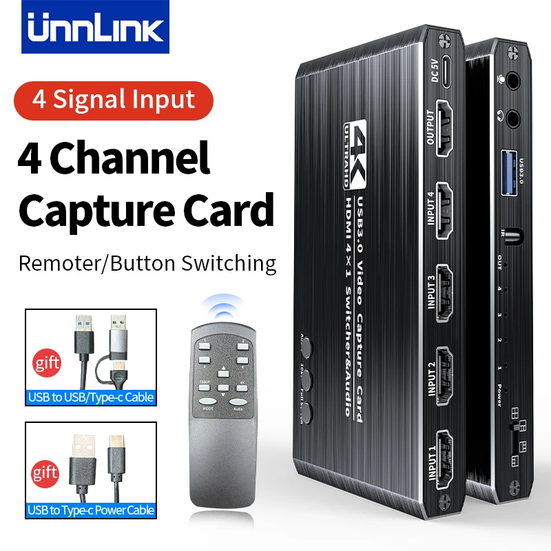 Unnlink-tarjeta de captura de vídeo 4K, 1080P, 60fps, HDMI a USB 3,0, grabación de cámara, entrada de 4 canales HDMI para transmisión en vivo