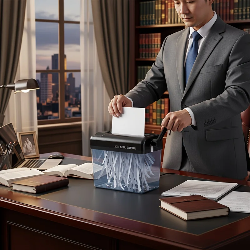 Trituradora de Papel Contemporánea para Espacio de Trabajo en Casa, Diseño Elegante en Negro Mate para Oficina en Casa de Lujo, Estudio