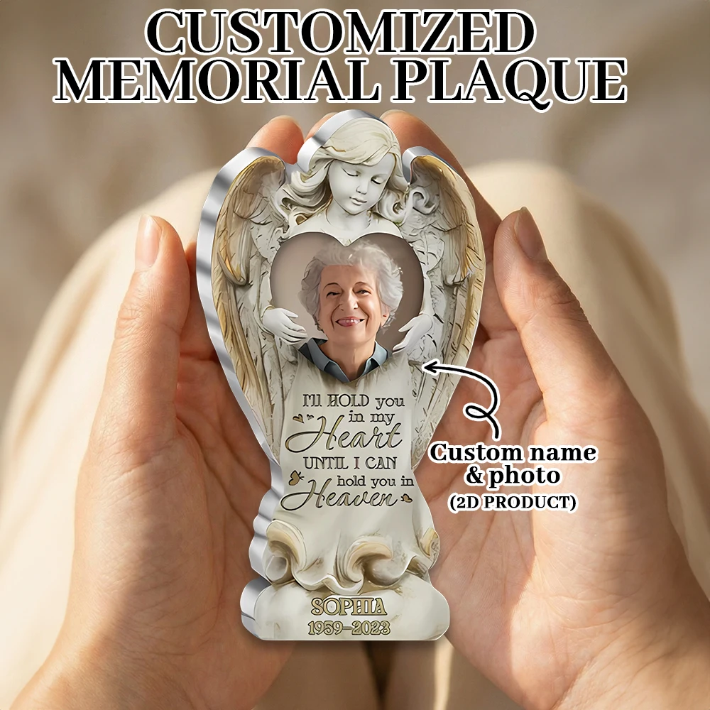 Plaque commémorative personnalisée en forme de cœur d'ange 2D, nom et photo personnalisés, souvenir de deuil, cadeau de sympathie pour la perte d'un être cher