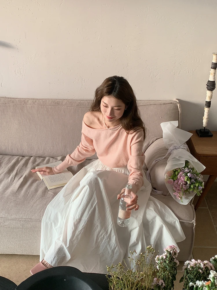 

SourceWithU Falling in Love Long Sve Knitted Top Women's Single oulder Exposure Cautious Gentle Cotton Blend Spring 2023