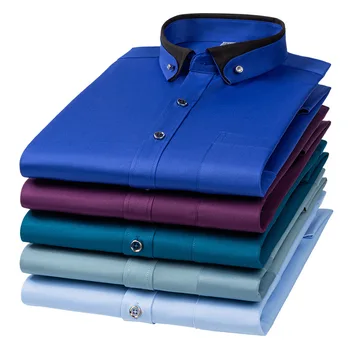 For Men's Business Dress Shirts Male Formal Button-Down Social Collar Camisa Social Elastic Anti-wrinkle Casual Men Shirt Pocket 3