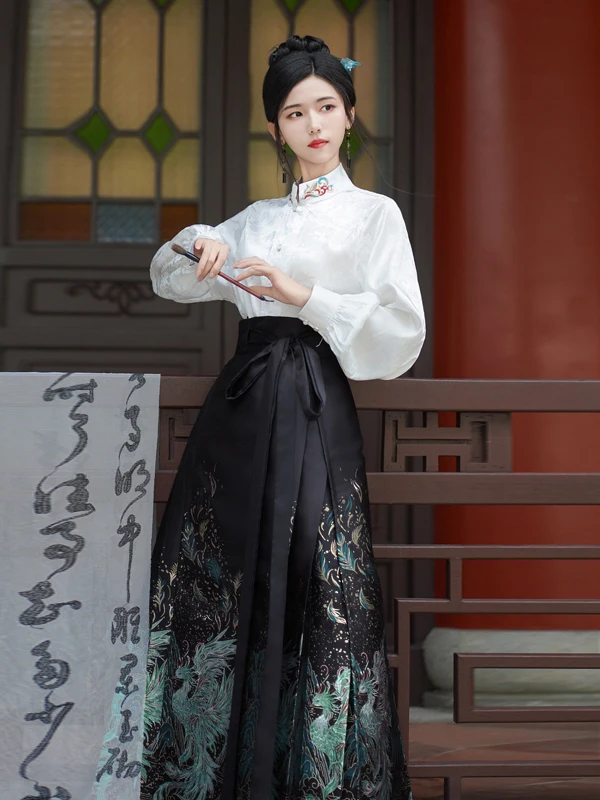 

Women's Autumn Winter Hanfu irt Top High Waist Tail Skirt Set Stand Collar Long Sve Slim Fit Regular Length
