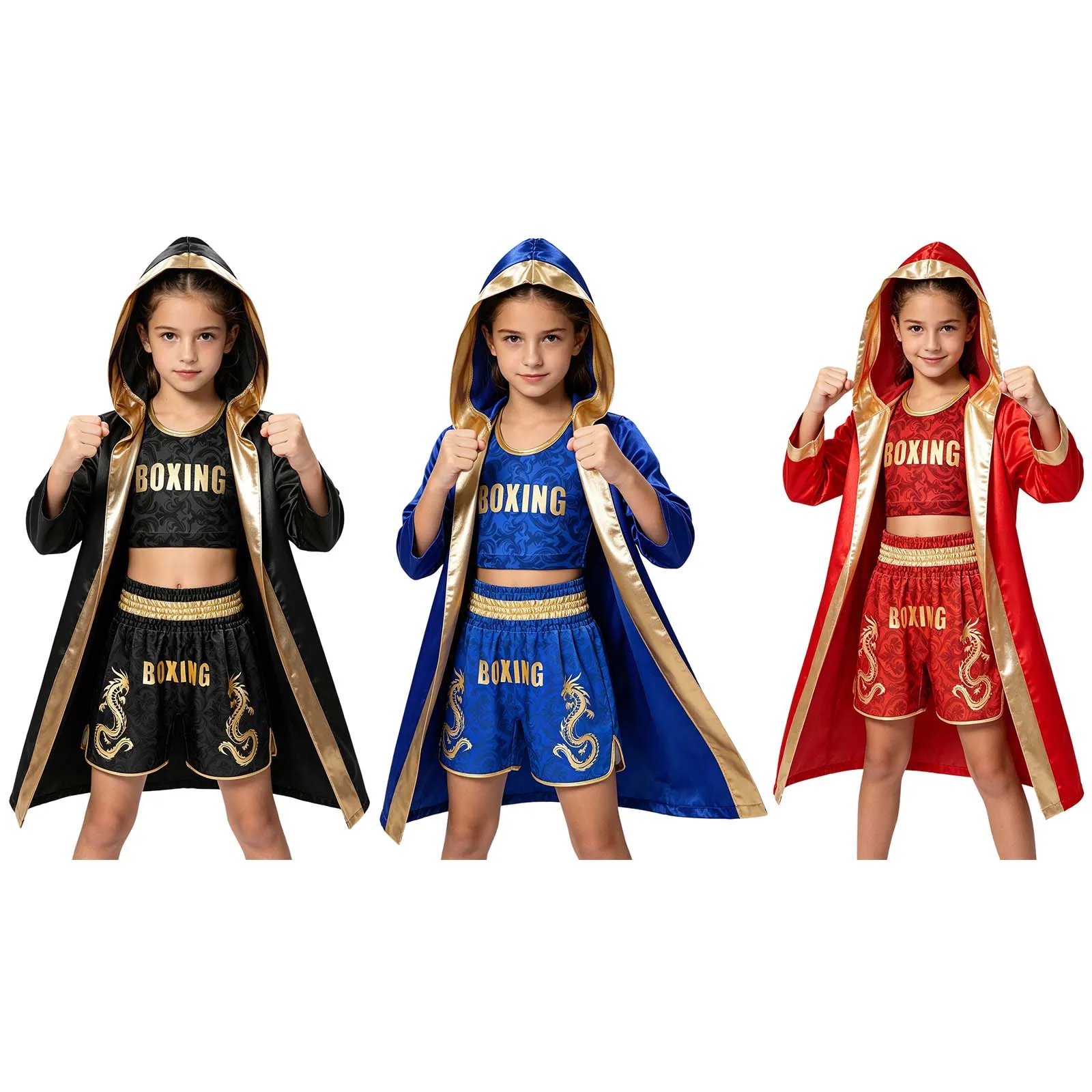 Kinder Jungen Mädchen Metallic-Verzierung Kampf-Boxoutfit mit Kapuze, Boxermantel und Gürtel, Blumenmuster-Weste mit elastischem Bund und Shorts – Detail 2
