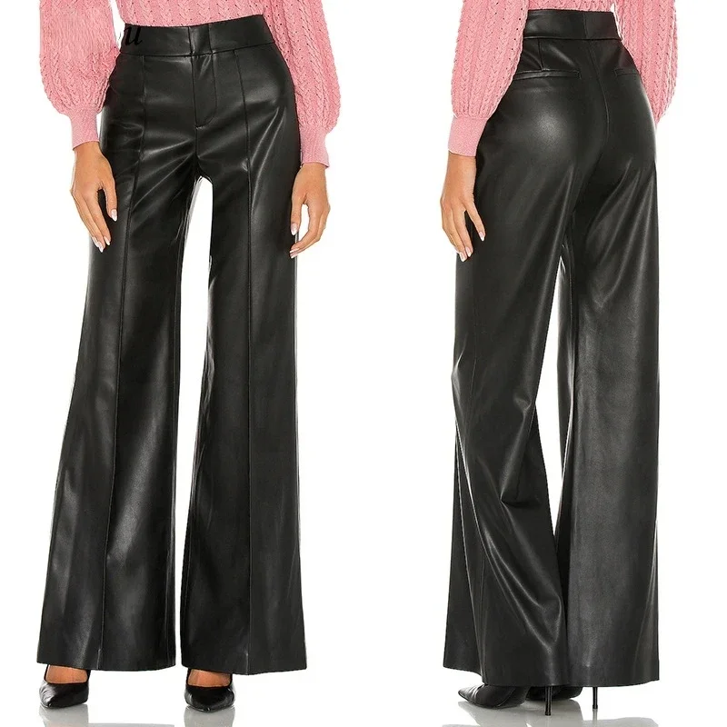 Women High Waist PU Matte Wide Leg Pants Ladies Black Faux Leather Trousers Custom Slim Fashion Elegant New Clubwear Party 2024