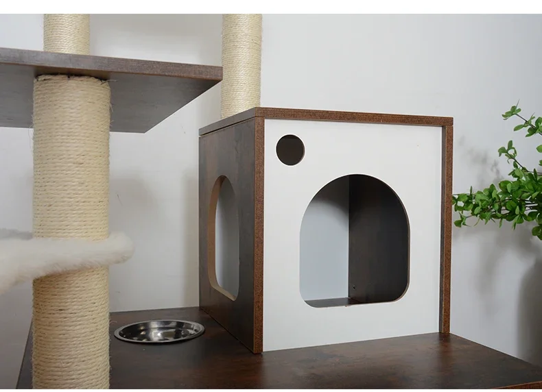 aWooden Indoor Pet Furniture Multiple Platforms Cat Tree Tower with Hidden Cabinet Cat Washroom Litter Box Enclosure