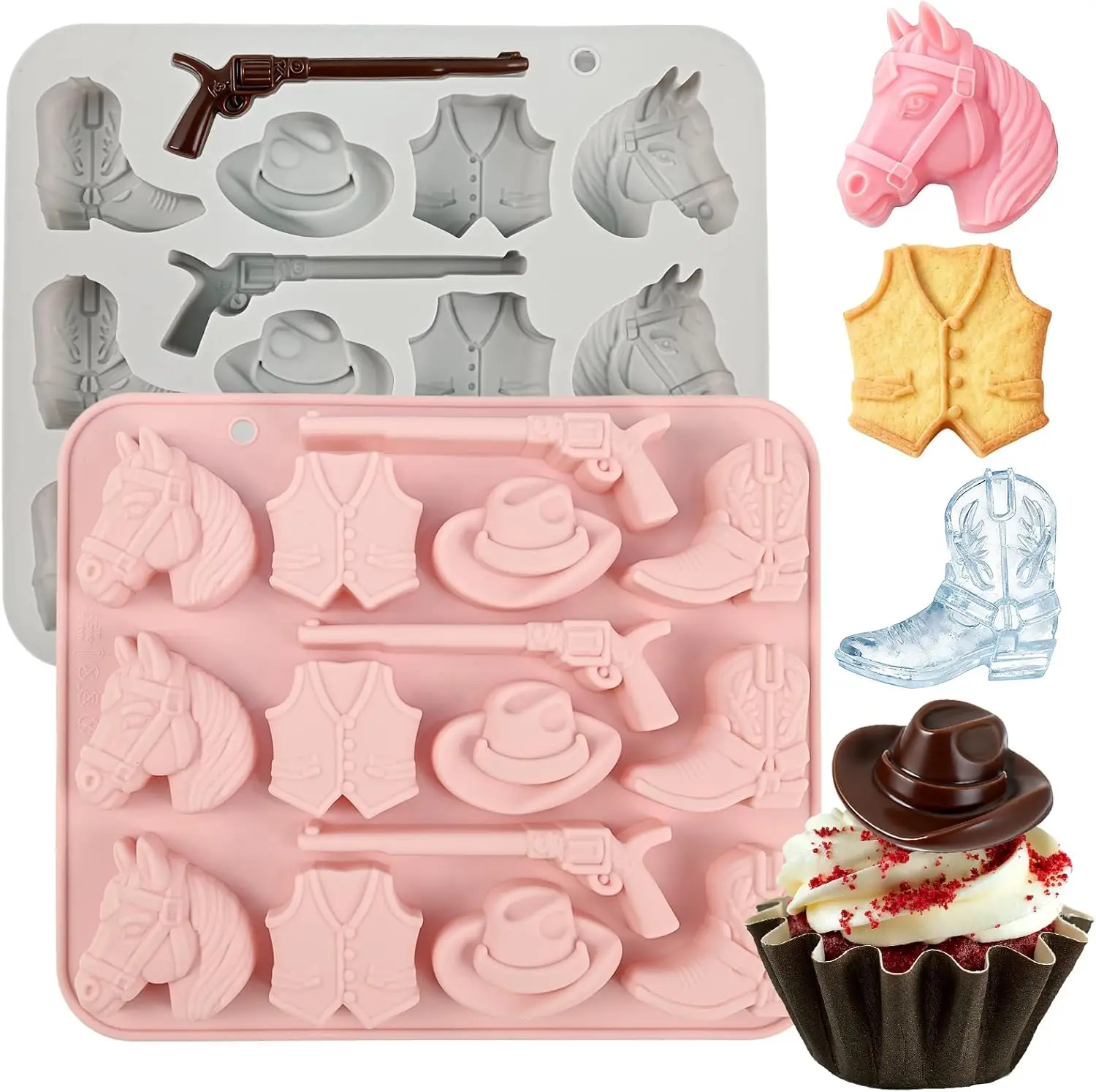 

Cowboy Chocolate Mold Western Baking Tools 30 Cavity Cowboy Silicone Mold for Candy, Ice Cubes, Cookies, Jello, Cupcake Decor
