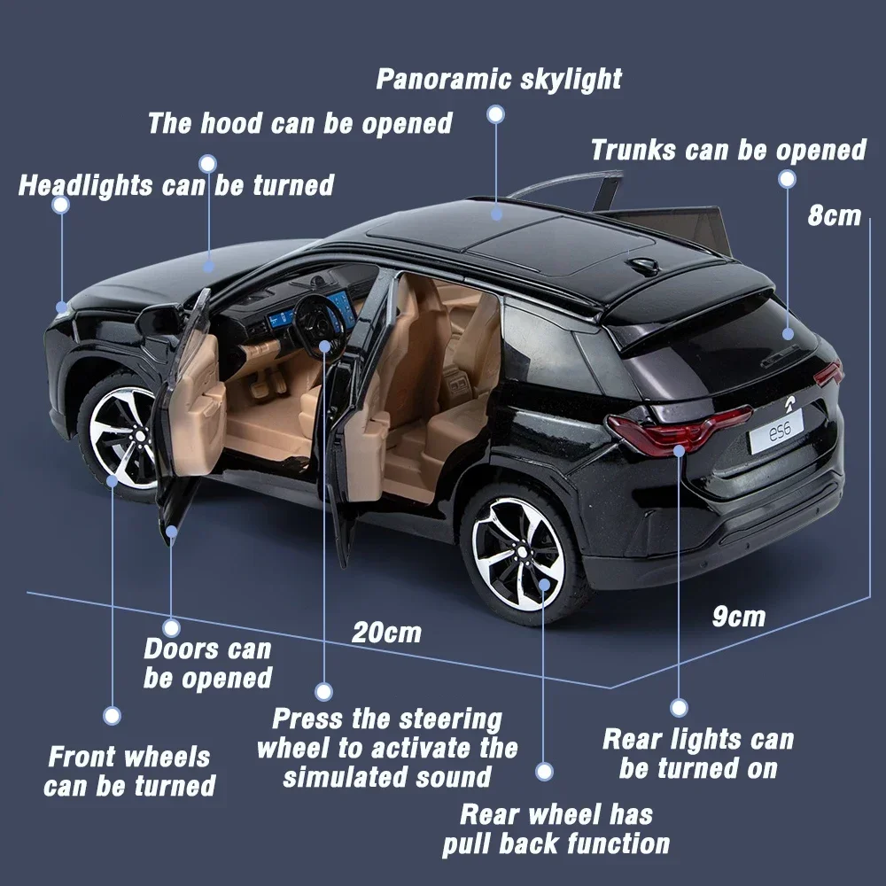 Vehículos todoterreno de juguete de aleación de Metal fundido a presión para niños, SUV Nio ES6, modelos de coches para niños, tirar hacia atrás, sonido y luz, escala 1:24