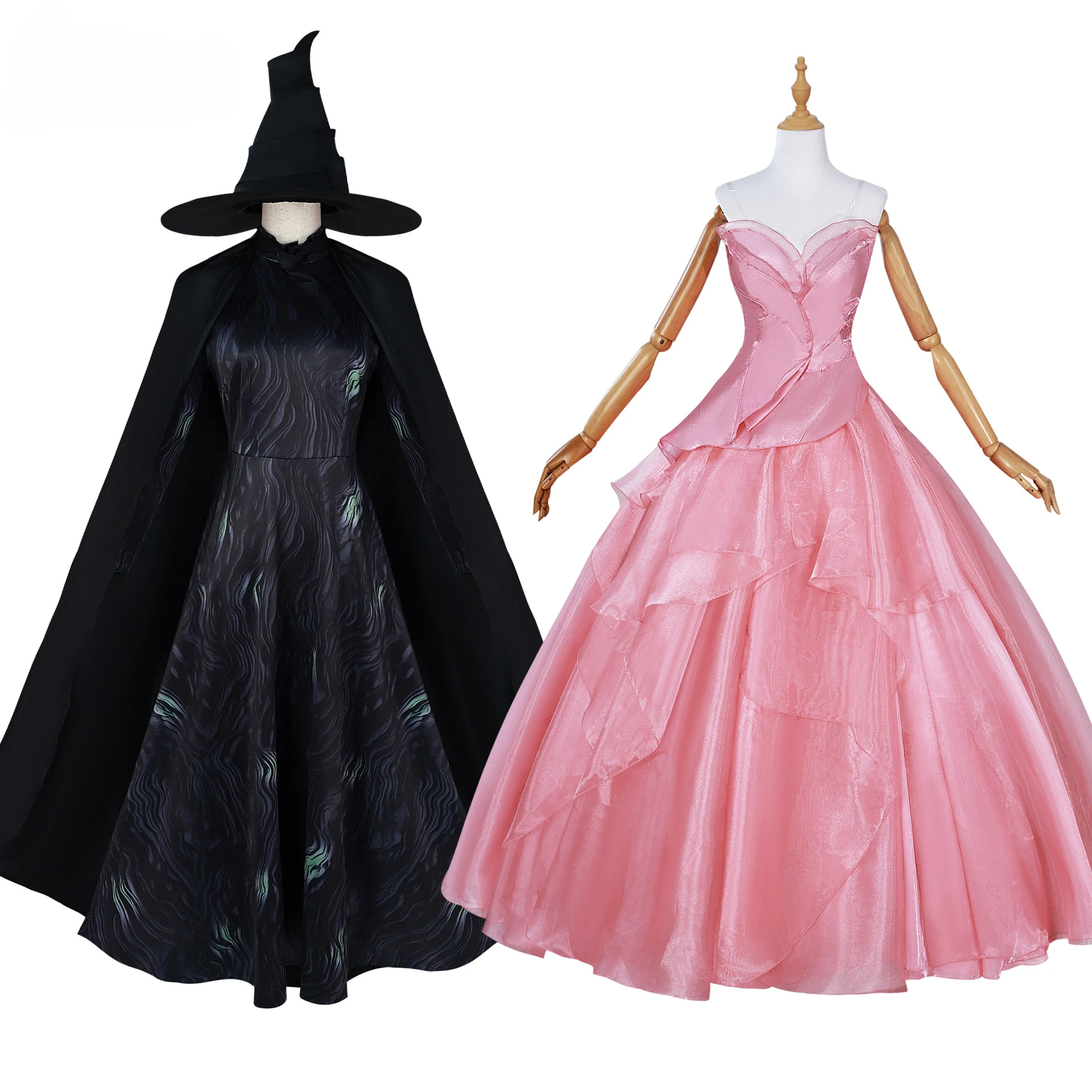 Movie Wicked Part One Elphaba Glinda Cosplay Costumes Witch Princess Dress Halloween Roleplay Costume Hat Cloak Set Accessory