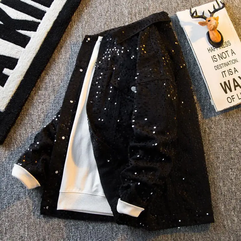 Sequin Denim Jacket Men's Luxury Streetwear Shiny Cowboy Coats Loose Casual Single-breasted Long Sleeve Spring Autumn Jacket