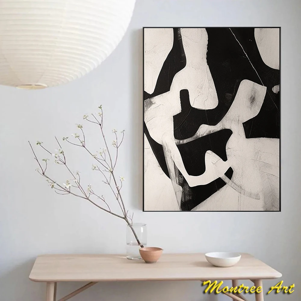 Hand Painted Oil Painting Contemporary Minimalism Abstract Paintings on Texture Canvas Black Gray and Beige Masterpieces Decor