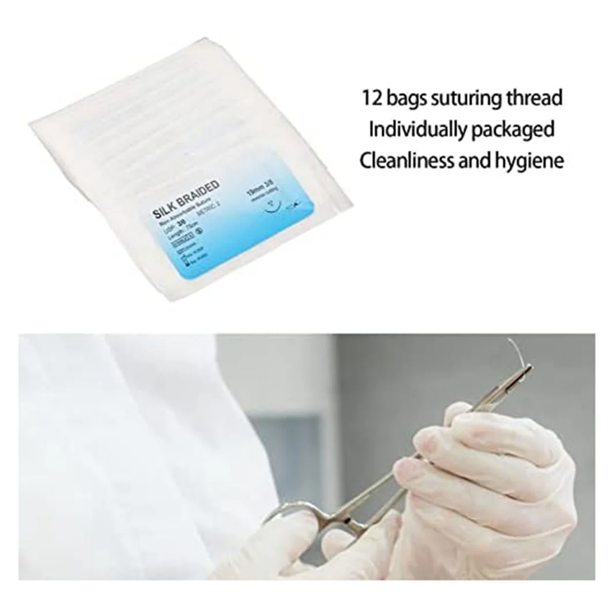 12Pcs Suture Set, Silk Thread Suturing Kit with CurvedNeedle Wound Suture Practice Thread for Clinic for Veterinary