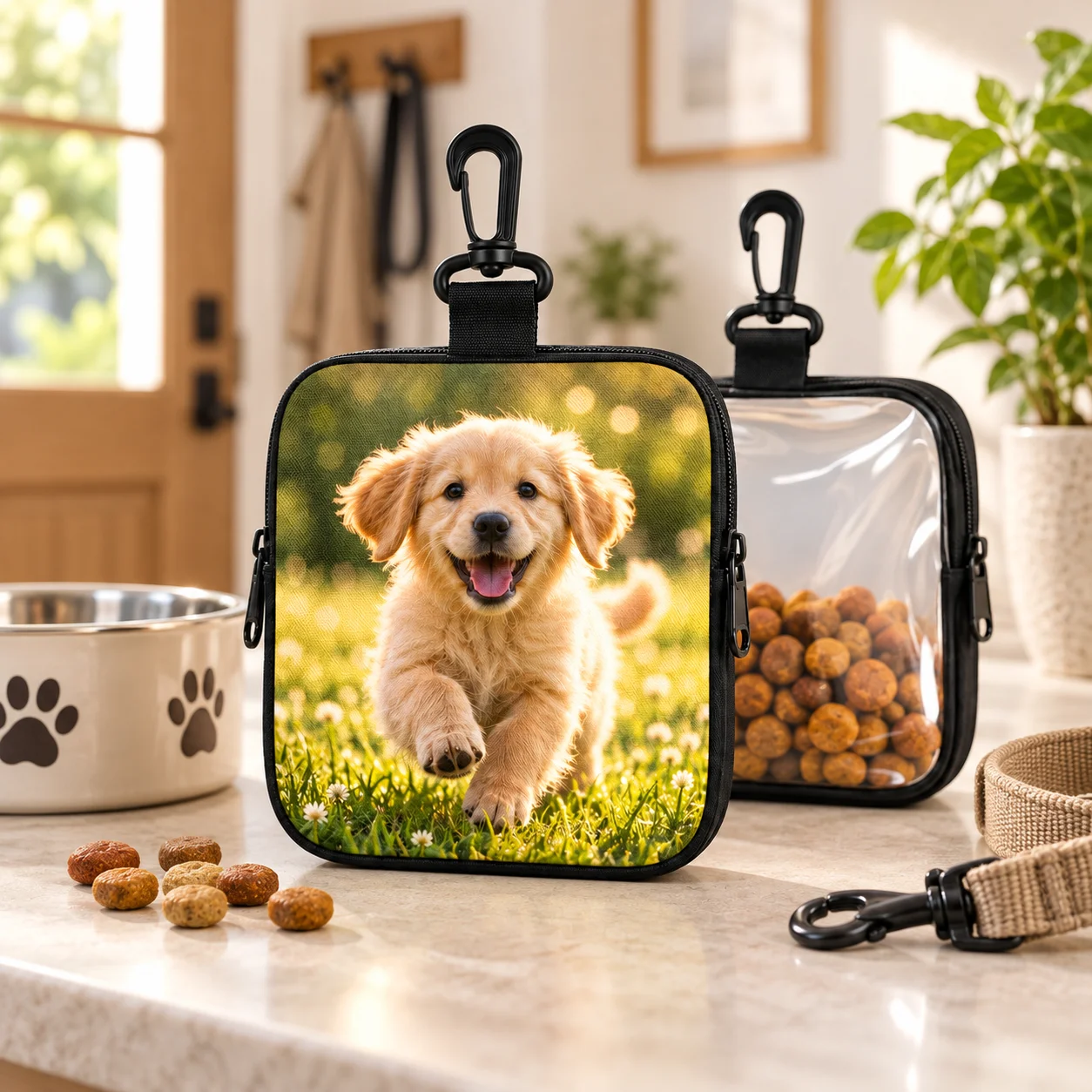 Custom Dog Treat Pouch Personalized Pet Training Bag with Clear PVC Window 600D Oxford Cloth Clip On Snack Holder for Walking