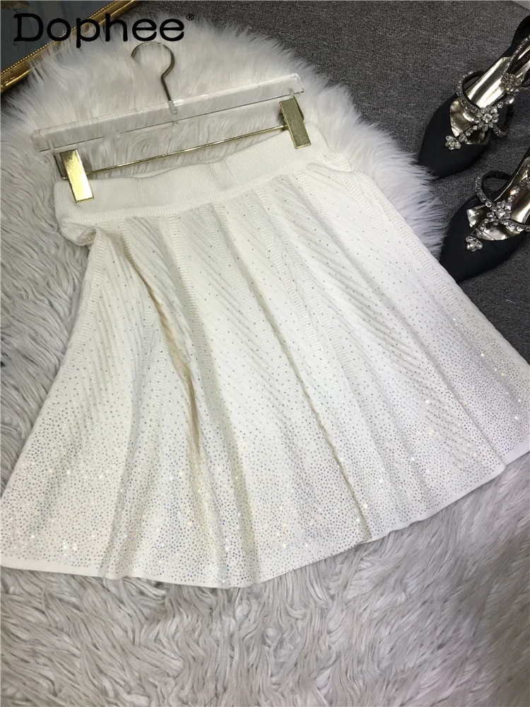 Heavy Industry Rhinestone Shiny Black Skirts Slimming Elastic Waist Knitted Skirt with Boots Autumn and Winter New Pleated Skirt