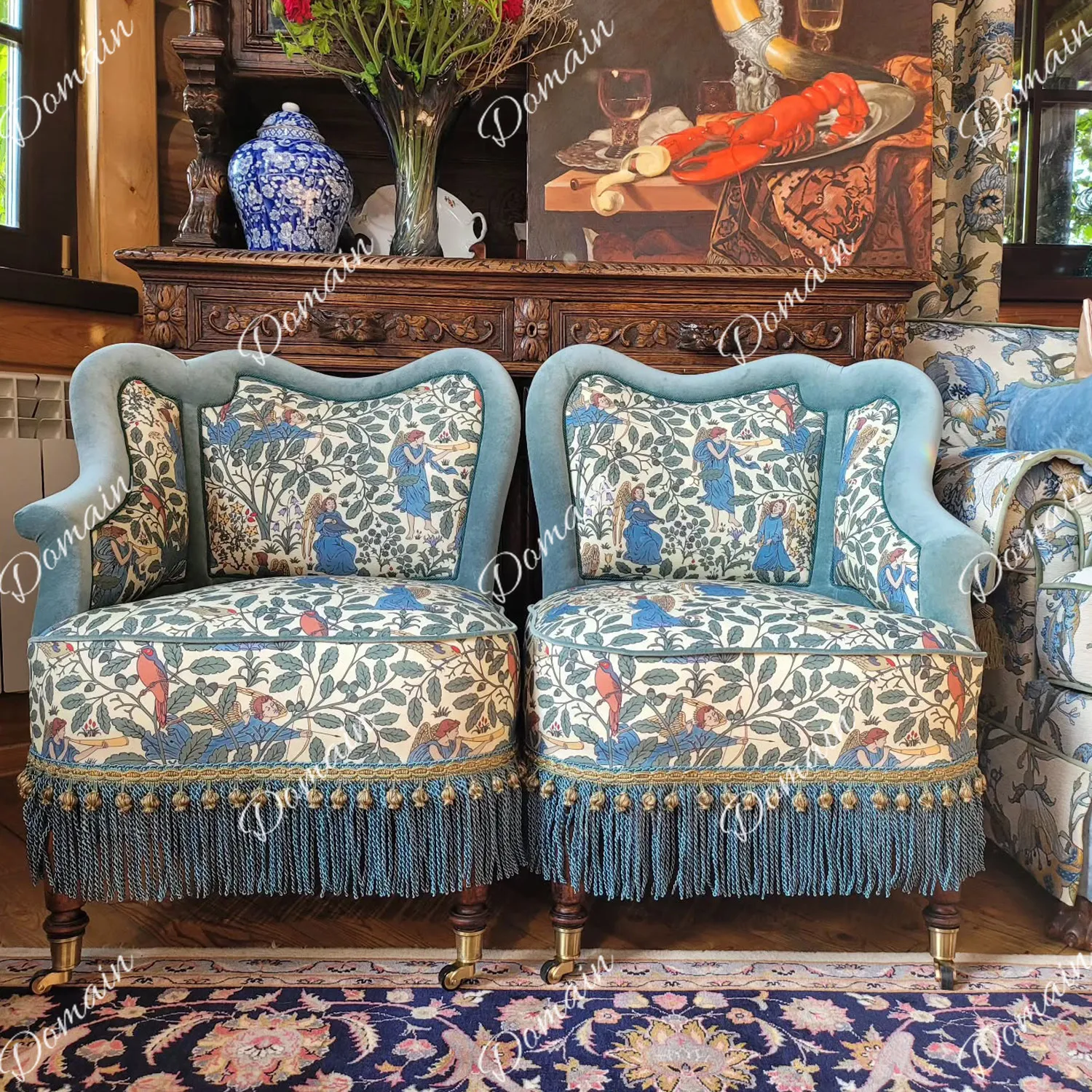 French retro solid wood sofa chair living room small apartment fringed leisure chair American country home balcony printed chair