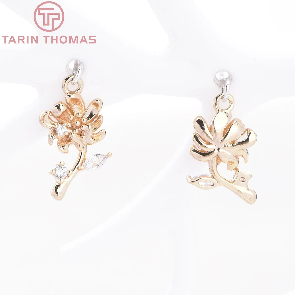 (9264) 4PCS 24K Gold Color Brass with Zircon Plant Series Flower Leaf Shaped Pendants High Quality DIY Jewelry Making Findings