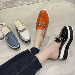 Chain Womens Slippers Fashion Women's Shoes 7cm Heeled Suede Platform Comfortable Loafers Baotou Outdoor Casual Mules Slippers
