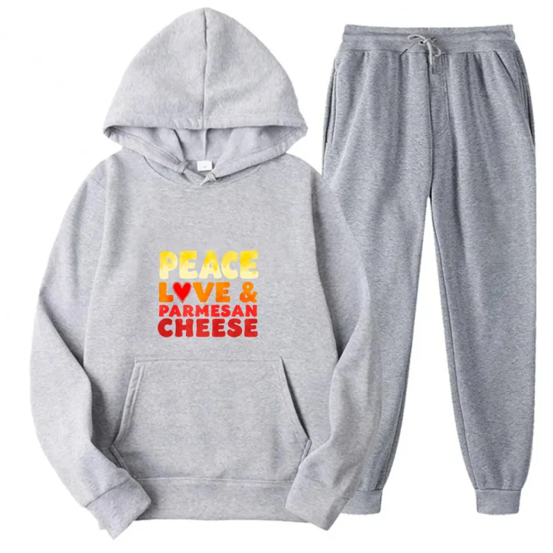 Gray Hoodie Set Peace Love And Parmesan Cheese Printed Pattern Text Sweatshirt And Pants Matching Outfit