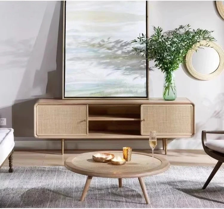 Nordic living room retro audio-visual TV cabinet simple modern log rattan solid wood TV cabinet