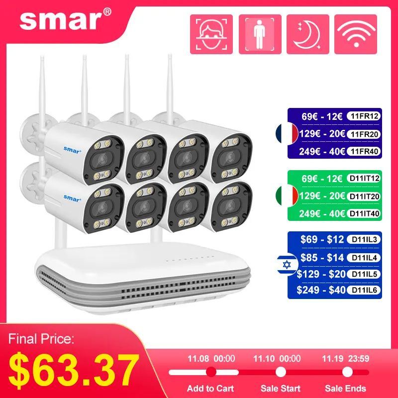 

Беспроводная система видеонаблюдения SMAR, комплект с Wi-Fi камерой H.265 3 Мп HD, аудио, ии, обнаружение лица, IP 8CH NVR, комплект видеонаблюдения ICSee