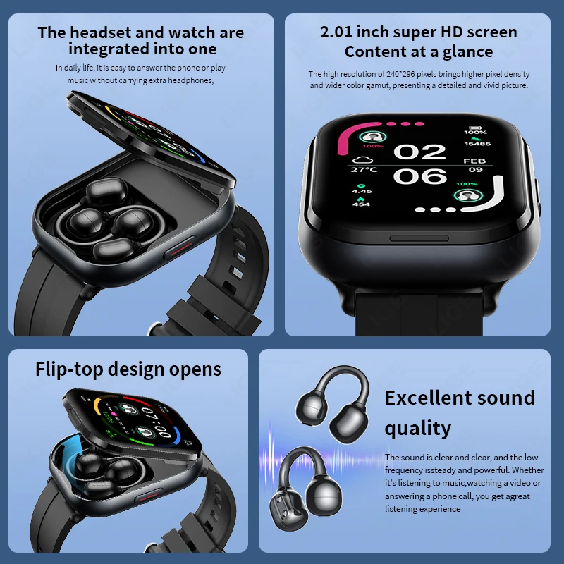 LIGE 2 in 1 Smart Watch Headset Bluetooth Call Heart Rate Sleep Monitor Headphone Play Music Waterproof Women Smartwatch Earbuds
