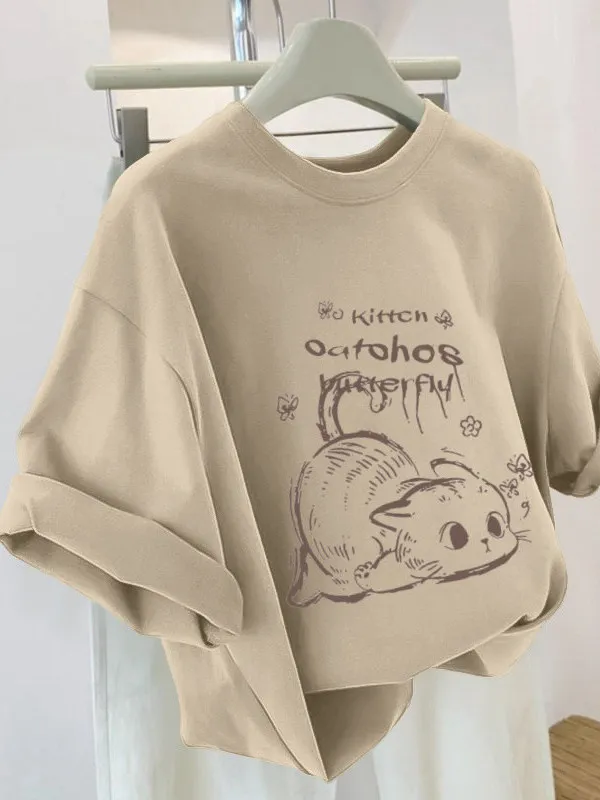 Korean Style Cartoon Print Short Sleeve T-Shirt Unisex Oversized Hoodie Quick Dry round Neck Casual Top for Men And Women