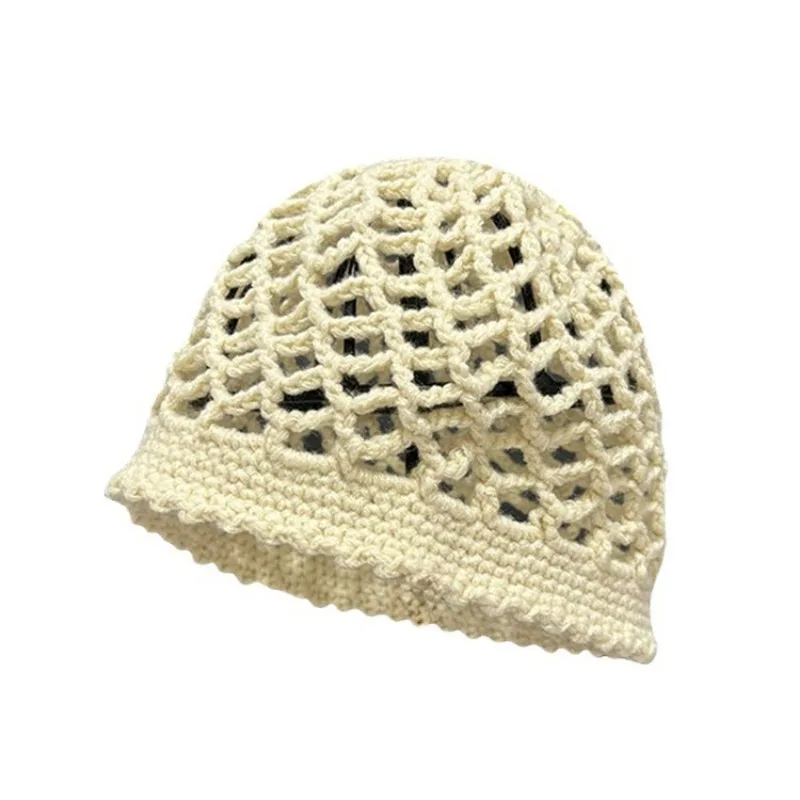 Korean Spring and Autumn Mesh Hollow Knitted Hat Hand-woven Ins Simple Solid Color Breathable Short Brim Sleeve Skull Beanie Cap