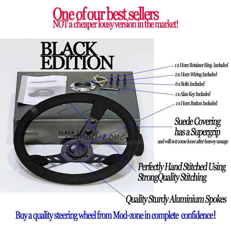 MOD07 Black Edition 14 Inch 350MM Deep Corn 75MM Deep Dish Suede or Leather Sport Racing Steering Wheel