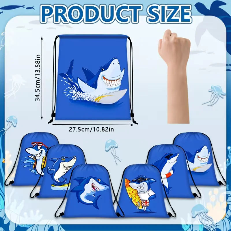 6Pcs Cartoon Shark Themed Drawstring Backpack for Shopping, Party, Holiday Gift, Perfect Present for Frien