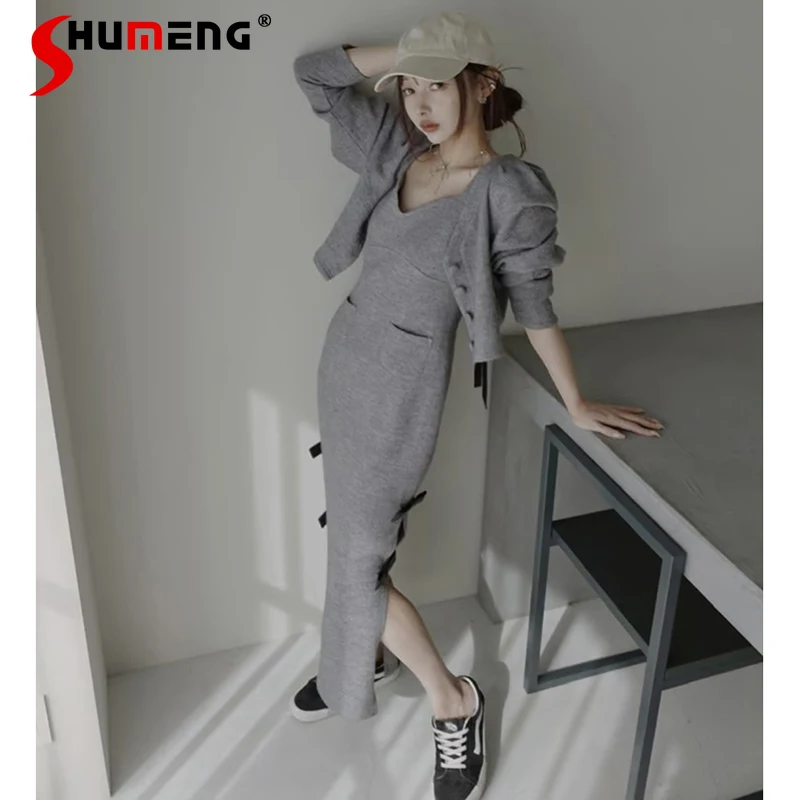 Japanese Elegant Commuting V-neck Sleeveless Split Bow Slim Knitted Sling Dress Long Sleeve Short Cardigan Two-piece Set Women