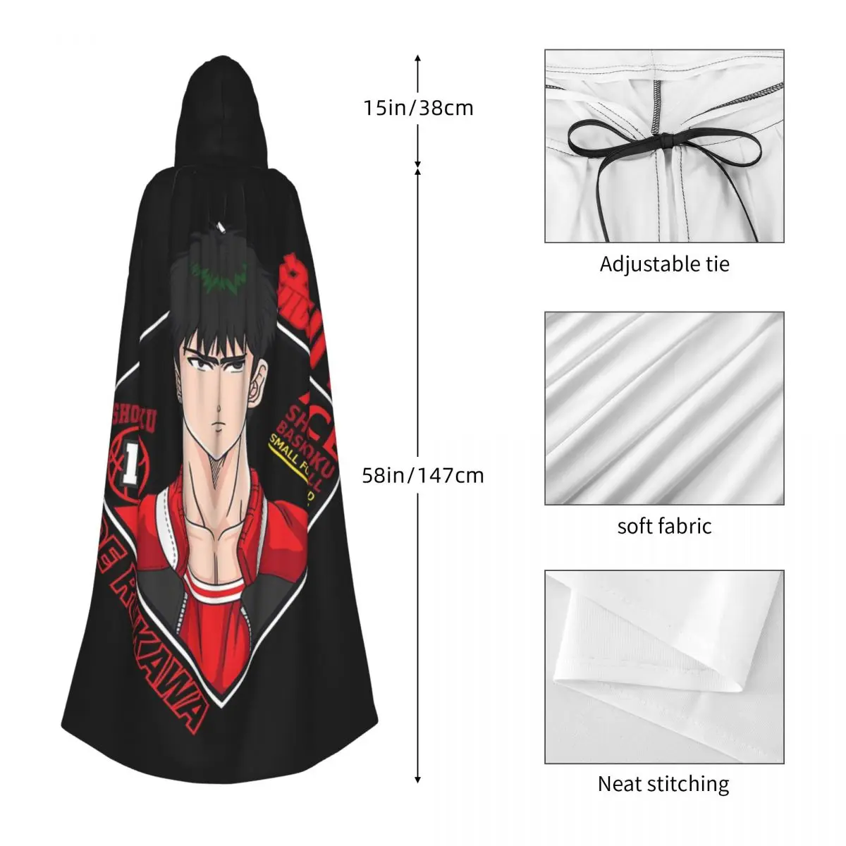 Shohoku Ace Kaede Rukawa Slam Dunk Long Hooded Cloak Witch Medieval Costume Cosplay Cape HalloweenCoat Adult Unisex - view 2