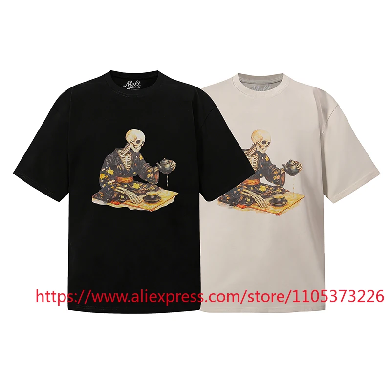2026 Fashion New Melt Oversized Tee Skeleton Print Crew Neck Short Sleeve Casual Streetwear Top