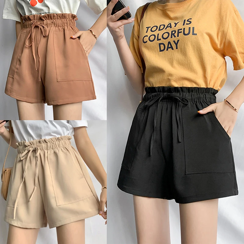 

Women Summer olid Khaki Black Wide Leg Shorts Fashion Casual High Waist Loose Shorts Female Drawstring Elastic Waist Pocket