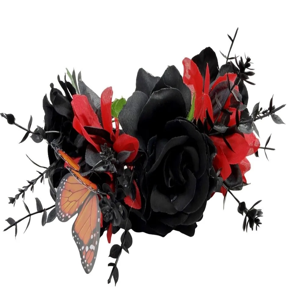 Gothic Halloween Rose Flower Crown with Butterfly Realistic Dark Rose Headpiece Vintage Simulated Artificial Flower Headband