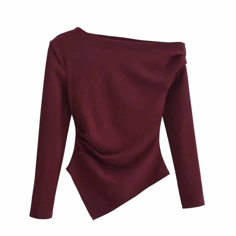 TRAF Top asimmetrico in chiffon elastico Top da donna per donna Camicie casual autunnali Camicetta slim Camicie e camicette da donna