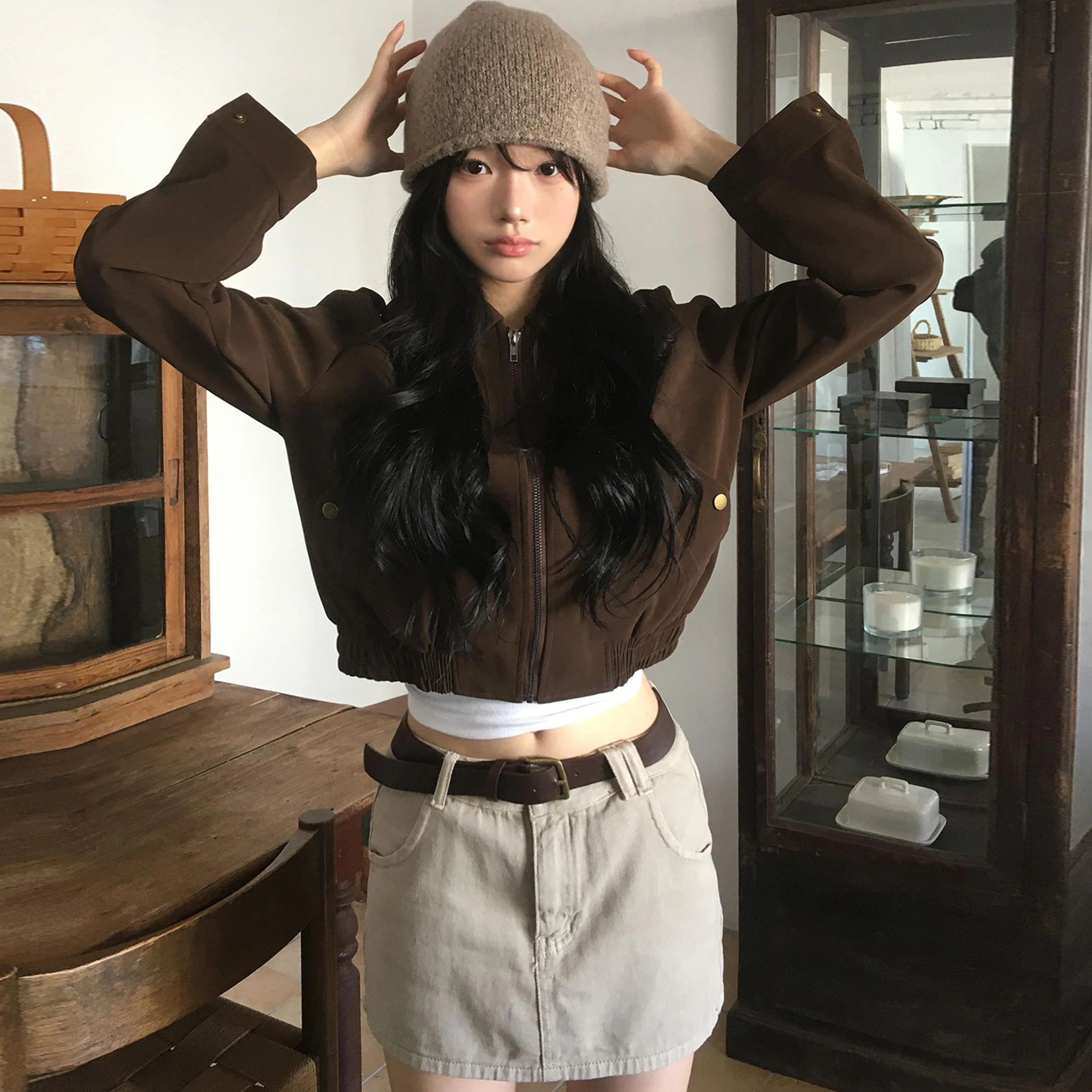 「MD」Chaqueta con cuello Retro, Top para ir al trabajo, versátil, otoño, nueva ropa de abrigo corta, forma de tubo recto, pieza única, primavera 2025 pura