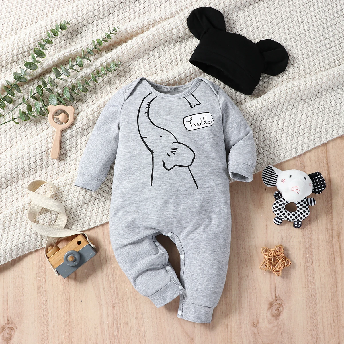 Cute Baby Boy Long Sleeve round Neck Jumpsuit Autumn Winter Casual Fashion with Hat Hello English Letter Design Outfit