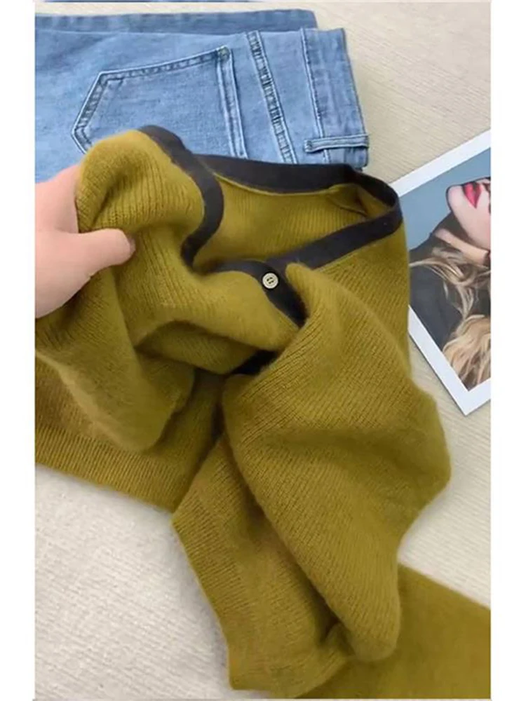 Women Green Cardigan Sweater Harajuku Korean Y2k Long Sleeves V-Neck Cashmere Sweaters Jumper Vintage 2000s Clothes Autumn 2024