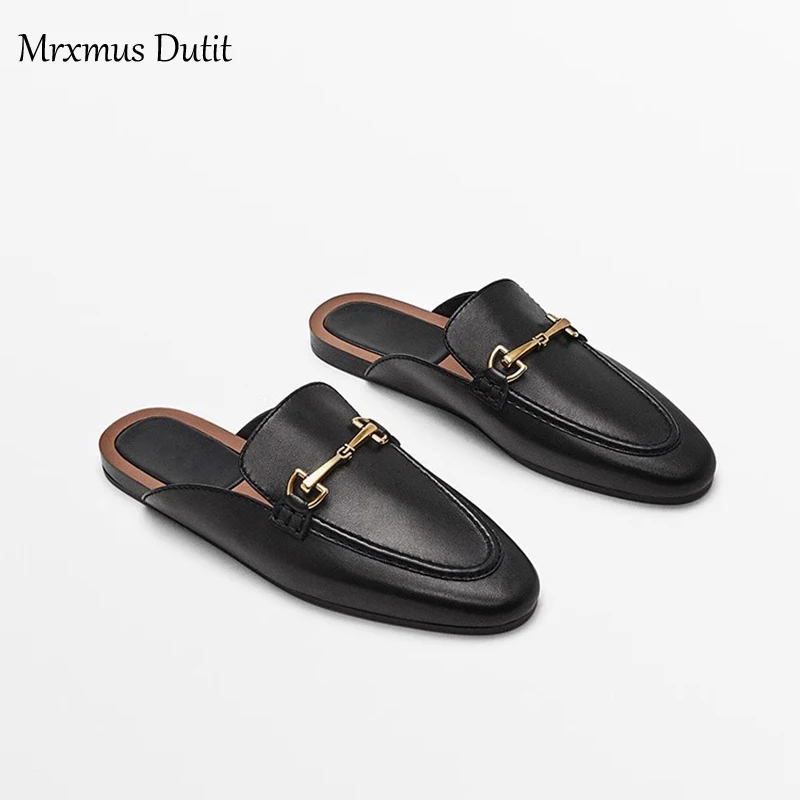 

Mrxmus Dutit 2023 Fashion Women New Genuine Leather Shoes Metal Buckle Mules Shoes Casual Wild Simple Sandals Slippers Female