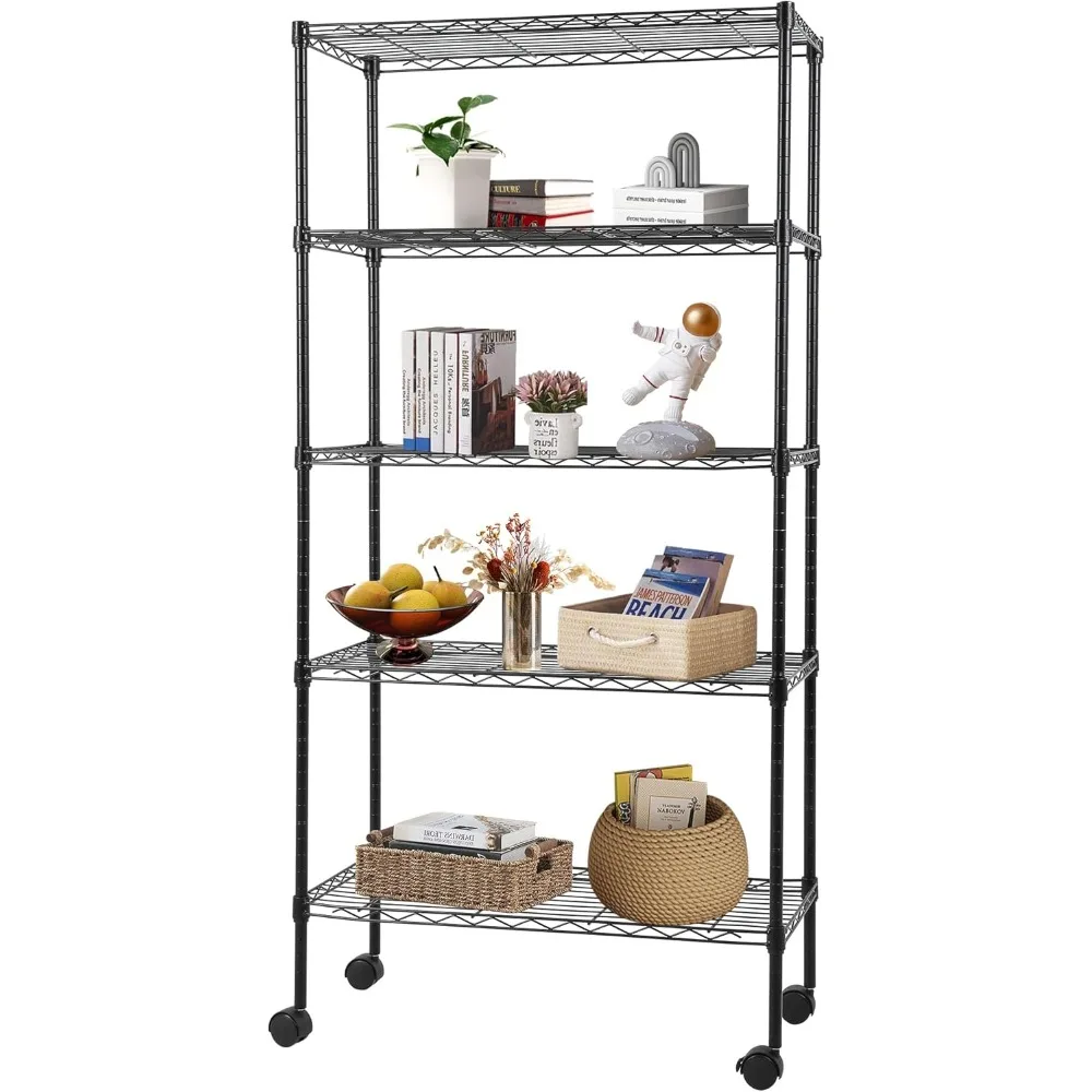 

Adjustable 5-Tier Metal Shelf with Wheels, 250 lbs Capacity, Easy Assembly, Ideal for Small Spaces